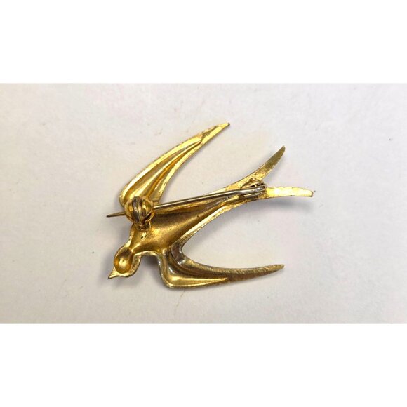 Vintage Gold Tone Damascene Swallow Bird Brooch With Intricate Black Enamel Deta - Picture 2 of 2